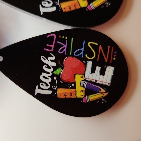 Teach, love, inspire water drop wooden‎ earrings - Picture 3 of 4